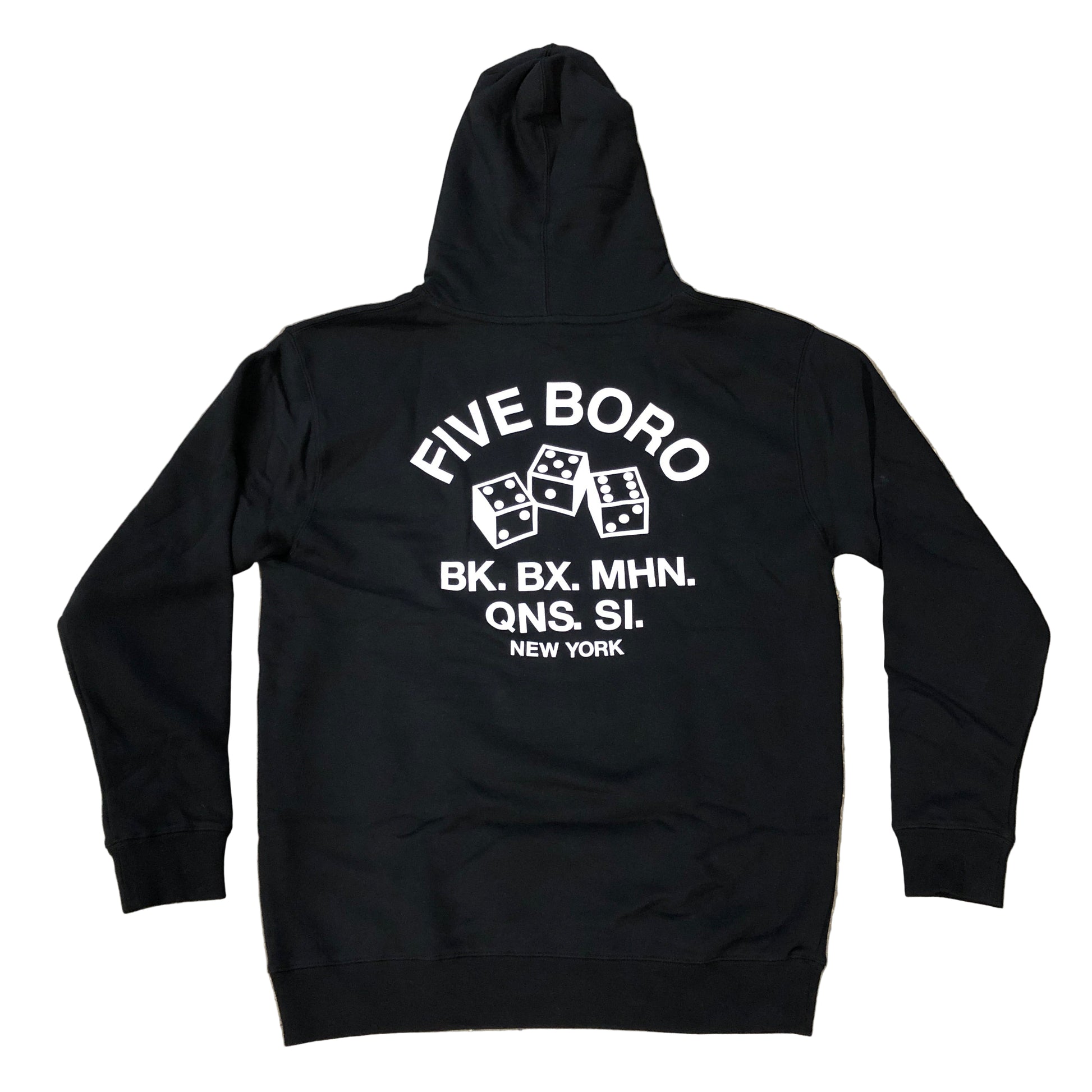 Black hoodie with white text and graphics on a white surface
