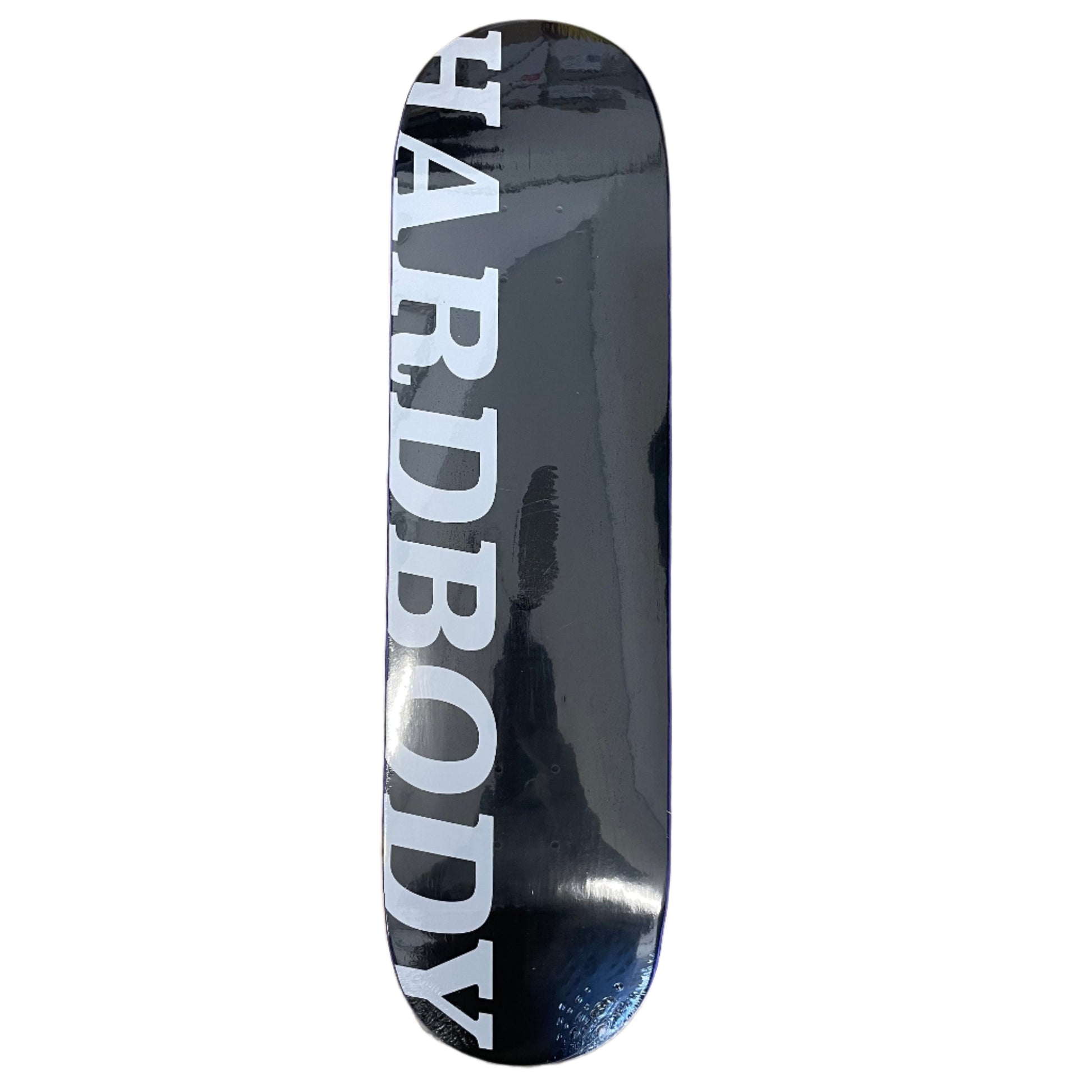 A black skateboard deck with the text 'HARDBODY' printed in white.