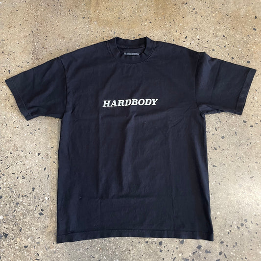 white Hardbody logo on black T-shirt