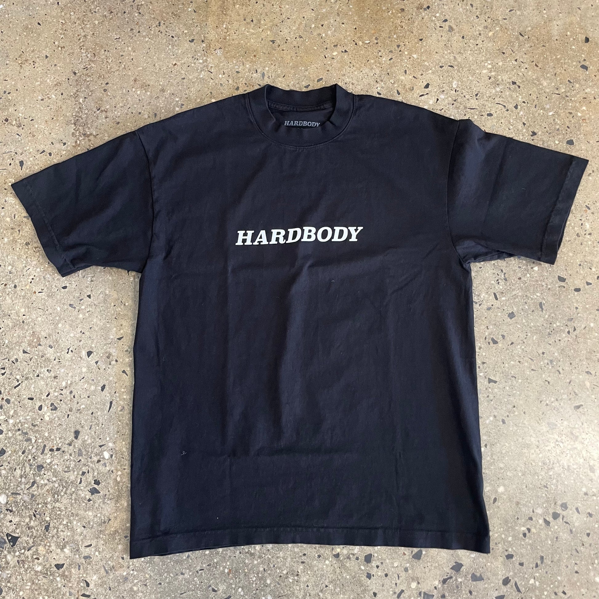 white Hardbody logo on black T-shirt