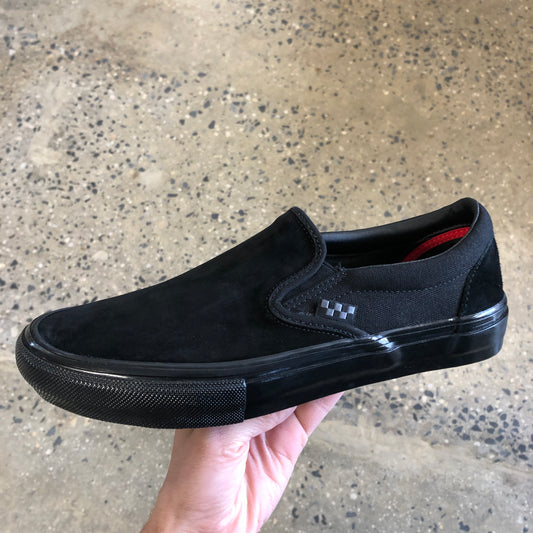 All black tonal suede and canvas skate sip on shoe, black outsole 