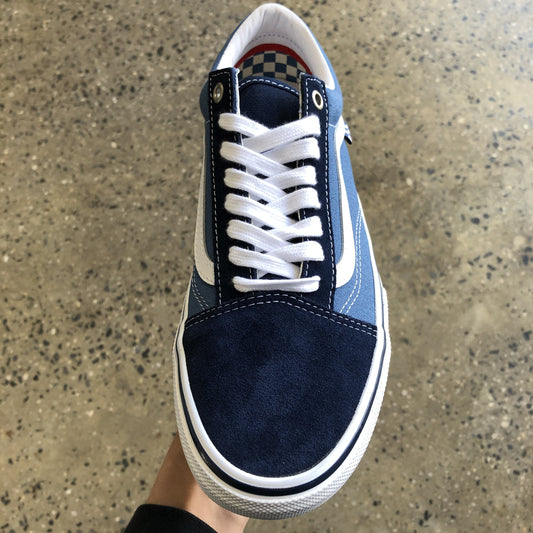 top down view of laces, toe box on suede and canvas skateboard shoe