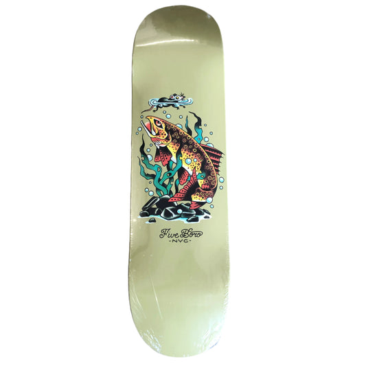 beige skateboard with a trout graphic and black text