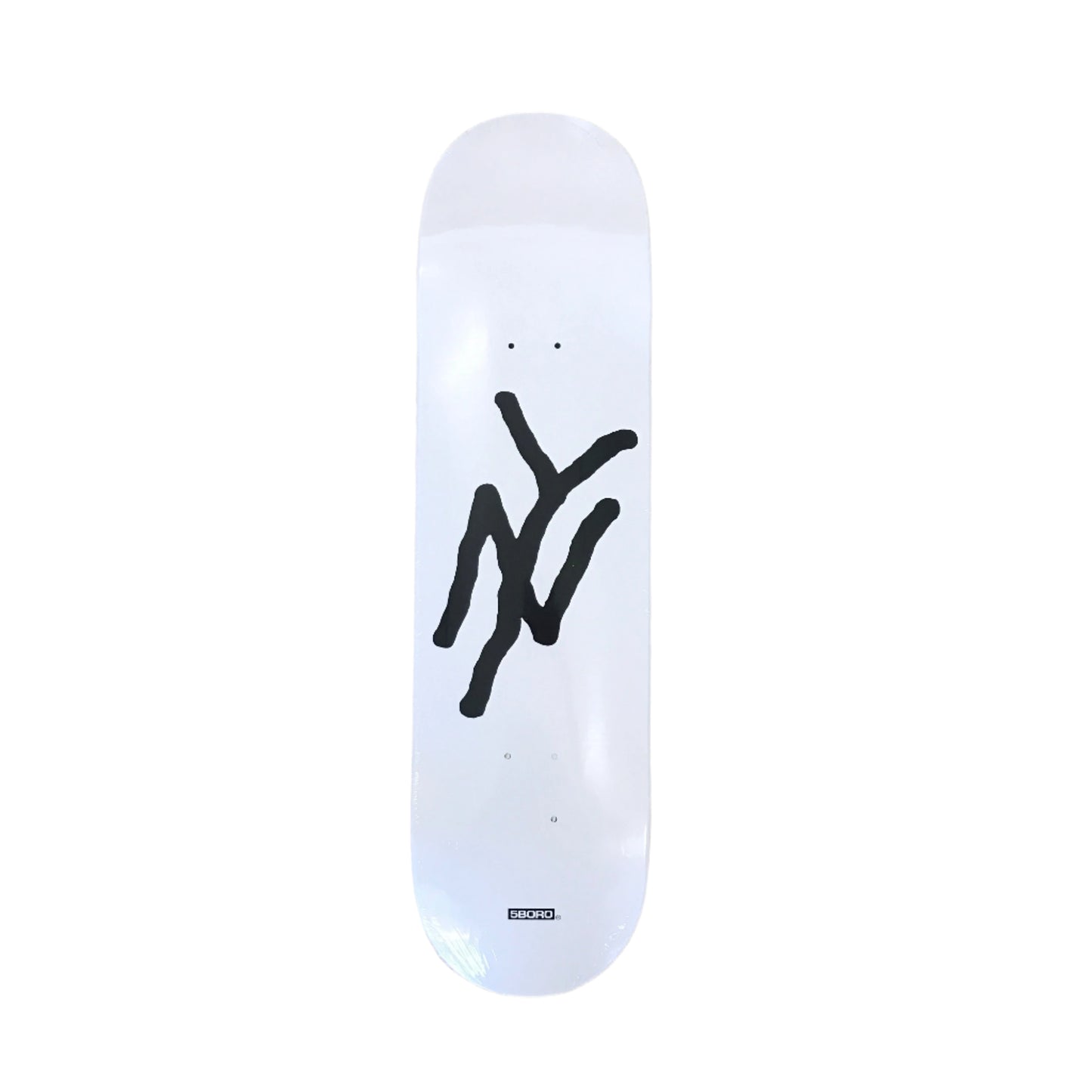 white skateboard with a black NY graphic