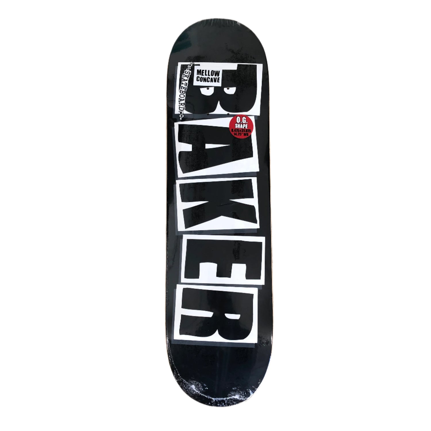 black and white Baker logo on black skate deck