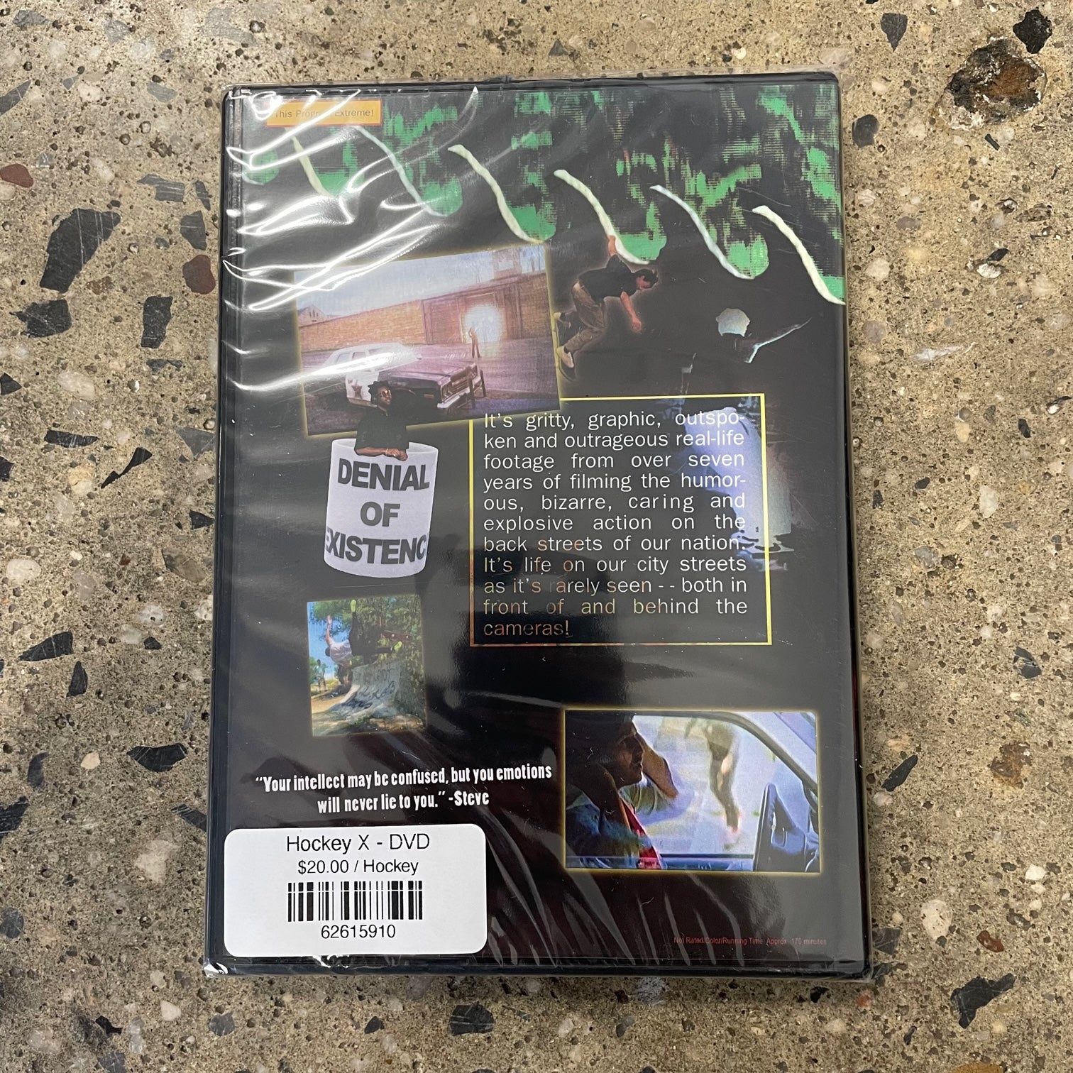 back view of DVD case with multi colored design and text